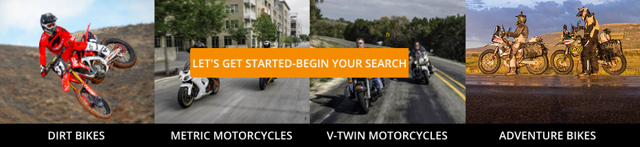 Different types of motorcycles: Dirt bike, Metric motorcycle, V-twin motorcycle and Adventure bike